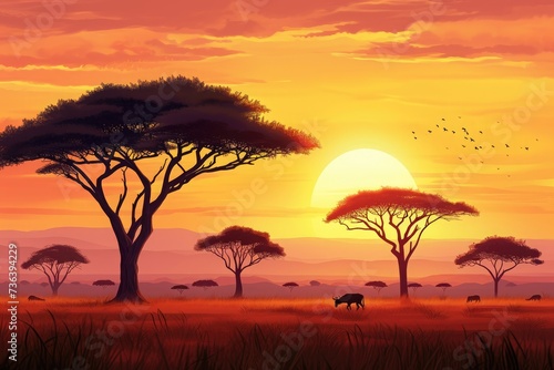 Painting of a Colorful Sunset With Animals Grazing in the Foreground, An African safari-esque background, complete with a held sunset and acacia trees, AI Generated © Iftikhar alam