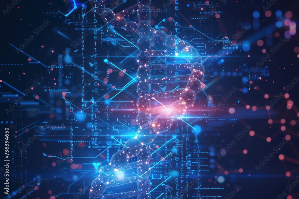 Artificial intelligence AI in Healthcare. DNA double helix intertwined with digital AI elements, highlighting the role of AI in genetic research and personalized medicine Artificial intelligence AI in Healthcare. DNA double helix intertwined with digital AI elements, highlighting the role of AI in genetic research and personalized medicine