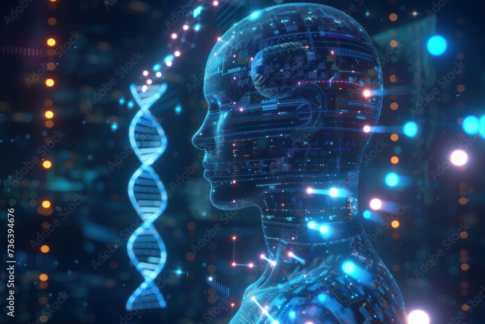 Artificial intelligence AI in Healthcare. DNA double helix intertwined with digital AI elements, highlighting the role of AI in genetic research and personalized medicine - obrazy, fototapety, plakaty 