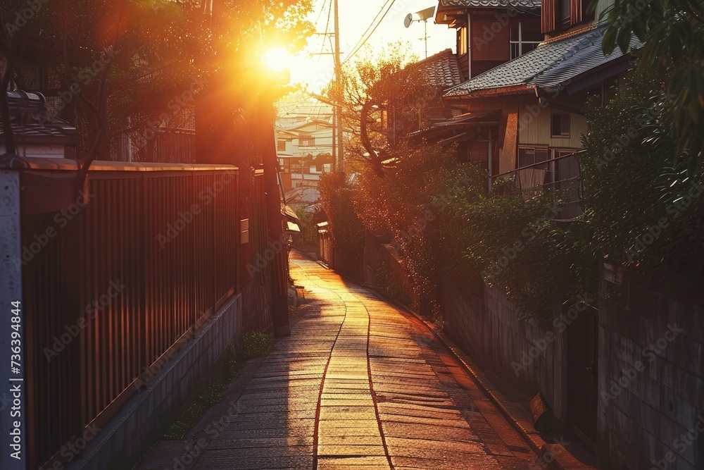 Sunlight Illuminating a Narrow City Street, An alley with uniform houses against a setting sun, AI Generated