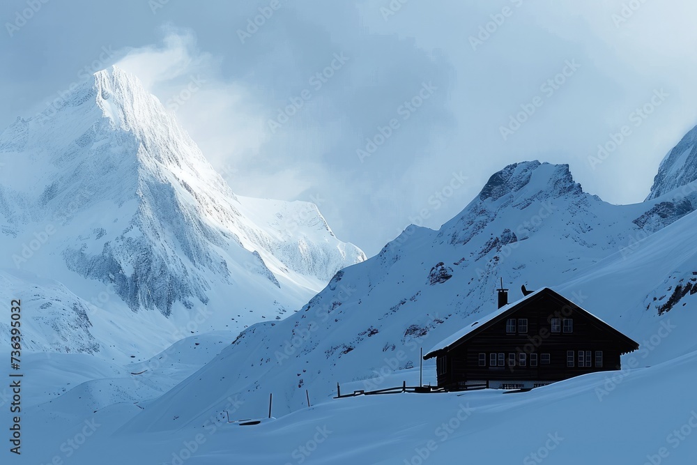 A house covered in snow stands against the backdrop of a majestic mountain, An alpine ski chalet silhouetted against the snowy mountains, AI Generated