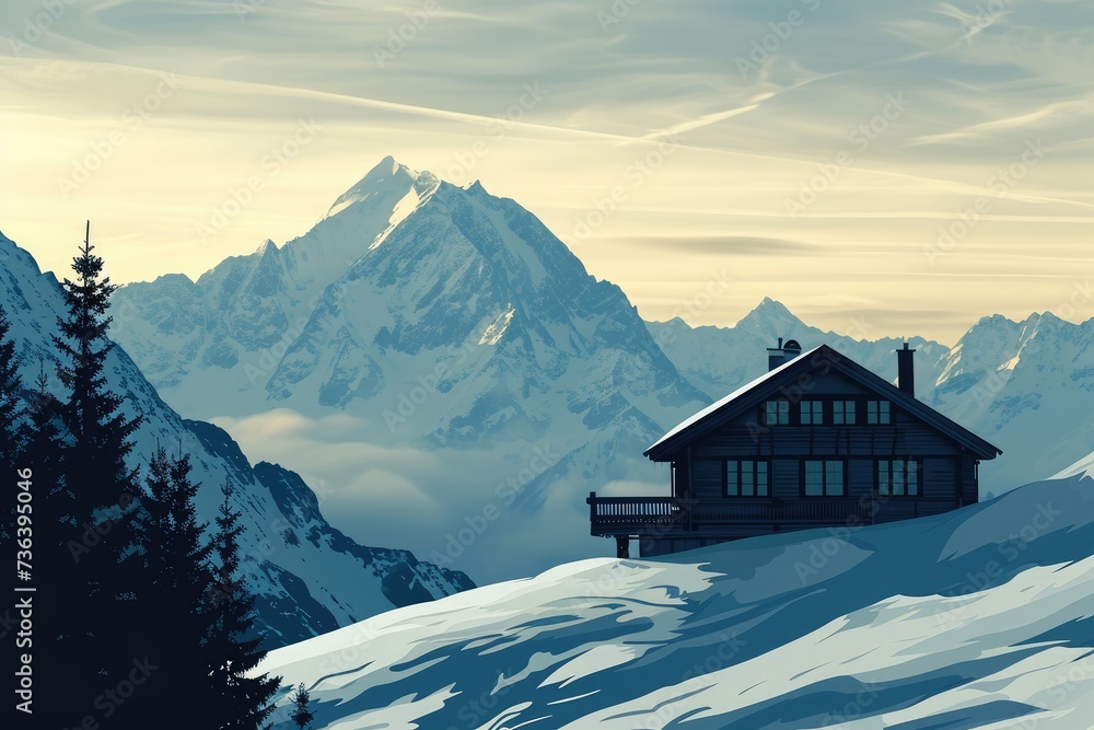 A remote house nestled in the snowy peaks of a mountain, showcasing the stunning natural beauty of the surroundings, An alpine ski chalet silhouetted against the snowy mountains, AI Generated