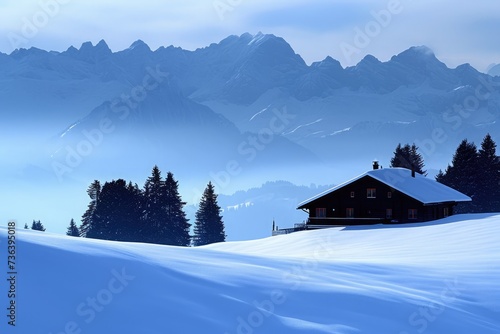 A cabin sits amidst a snow-covered mountain range, showcasing the stunning winter landscape, An alpine ski chalet silhouetted against the snowy mountains, AI Generated © Iftikhar alam