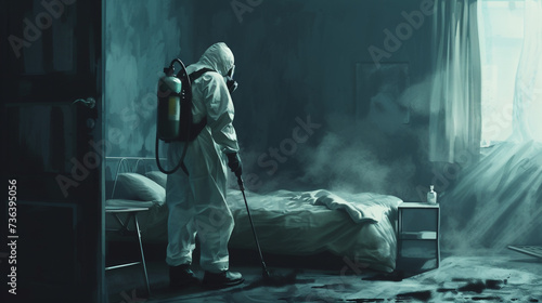 Faceless pest control worker in a protective suit sprays insect poison in bedroom © Lansk