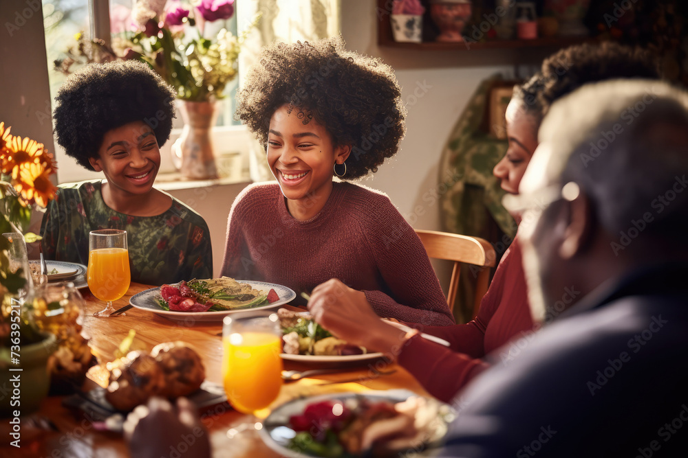Afro-American family grandfather, grandchildren having breakfast lunch together. Spring time, easter, cosy kitchen dinning room. Happy together festive Sunday, cheerful atmosphere Copy space design - obrazy, fototapety, plakaty 