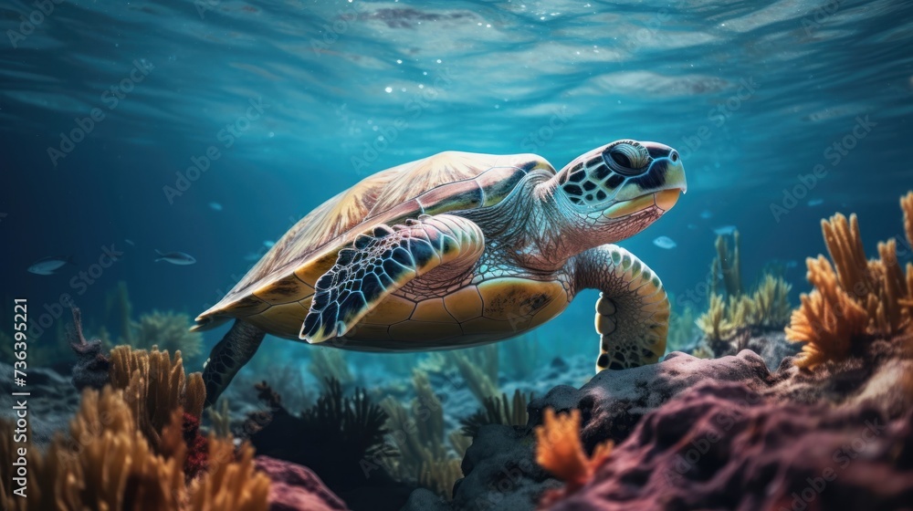 Fototapeta premium In the ocean, a green sea turtle is swimming.
