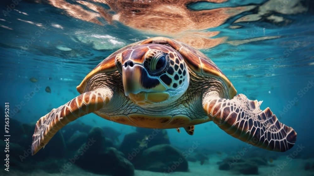Fototapeta premium In the ocean, a green sea turtle is swimming.