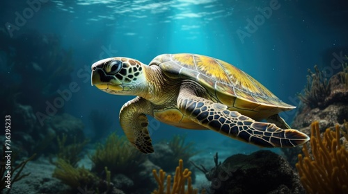 In the ocean, a green sea turtle is swimming.