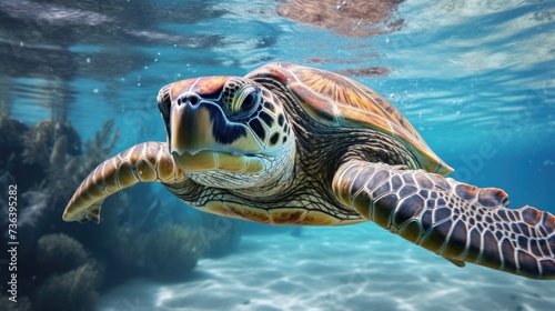 In the ocean  a green sea turtle is swimming.