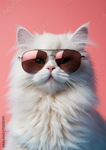 White cat in pink sunglasses on pink background. Fluffy cute cat.