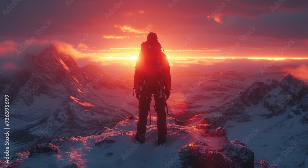 Amidst the serene winter landscape, a lone figure gazes at the fiery sky, standing atop a snow-covered mountain and braving the elements to witness the beauty of nature's volatile yet magnificent cre - obrazy, fototapety, plakaty 