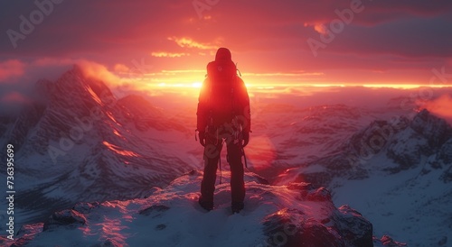 Amidst the serene winter landscape, a lone figure gazes at the fiery sky, standing atop a snow-covered mountain and braving the elements to witness the beauty of nature's volatile yet magnificent cre