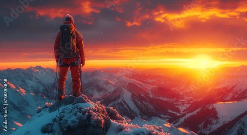 As the sun sets over the snowy mountain, a lone hiker stands in awe of the vast and majestic landscape before them, feeling both humbled and empowered by the beauty of nature © familymedia