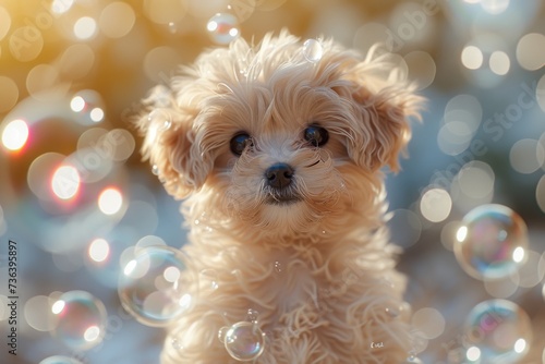 A bubbly toy dog, a poodle terrier crossbreed, enjoys a playful moment as it chases bubbles in the soft light of its indoor home photo