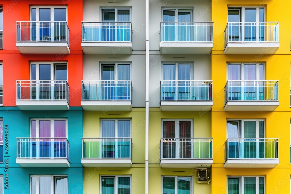A multicolored building with numerous balconies and vibrant faÃ§ade stands tall in the bustling city center, An apartment complex in the city with colorful, symmetrical balconies, AI Generated