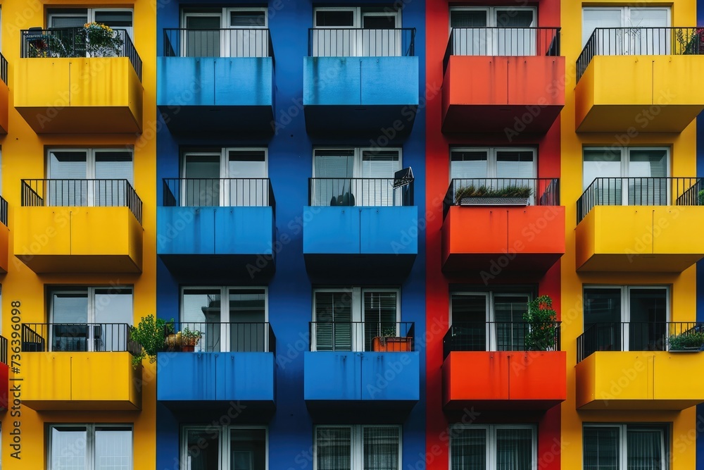 A vibrant, multicolored building with numerous balconies stands tall in a bustling urban environment, An apartment complex in the city with colorful, symmetrical balconies, AI Generated - obrazy, fototapety, plakaty 