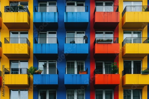 A vibrant, multicolored building with numerous balconies stands tall in a bustling urban environment, An apartment complex in the city with colorful, symmetrical balconies, AI Generated © Iftikhar alam