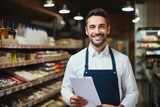 Happy attractive grocery store manager, AI generated, Portrait of smiling mature salesman standing with arms crossed in grocery store,AI generated