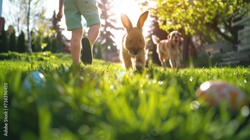 Young family enjoying an Easter egg hunt in the backyard with a cute dog photo