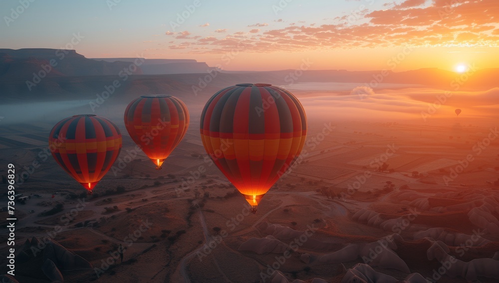 Colorful aerostats float gracefully through the sky, casting a warm glow over the mountains at sunrise and sunset, transporting passengers on an unforgettable outdoor adventure