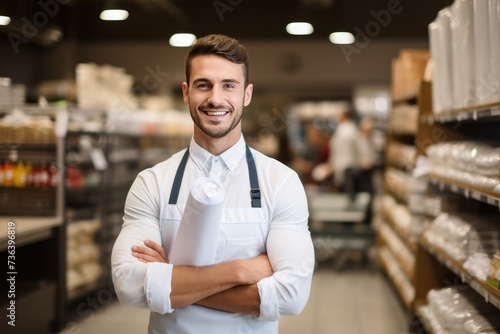 Happy attractive grocery store manager, AI generated, Portrait of smiling male staff holding clipboard while standing in grocery store,AI generated
