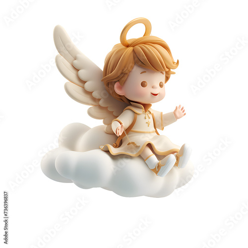 A 3D animated cartoon render of a cute angel riding a cloud. Created with generative AI.