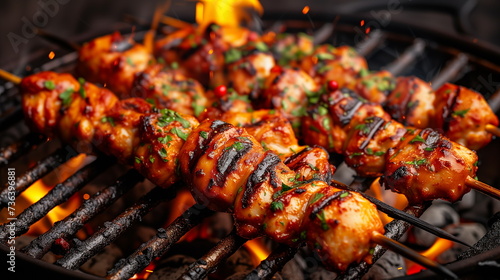 Juicy chicken skewers grilled to perfection over hot coals, sprinkled with fresh herbs.