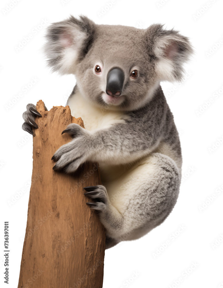 Fototapeta premium Koala hugging a tree on isolated background