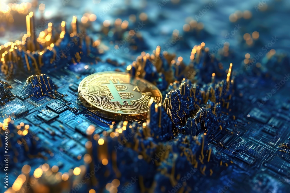 A close-up photo of a bitcoin resting on a computer chip, representing the intersection of cryptocurrency and digital technology, An artistic conception of cryptocurrency, AI Generated A close-up photo of a bitcoin resting on a computer chip, representing the intersection of cryptocurrency and digital technology, An artistic conception of cryptocurrency, AI Generated