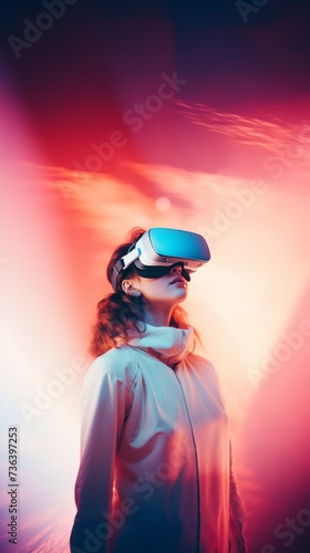 Young woman in vr glasses, playing video games with virtual reality headset. Future technology, Futuristic tech with metaverse, Future game and entertainment digital technology concept. Generative ai © Iuliia Metkalova