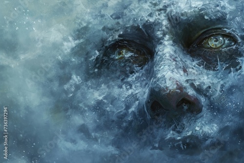 A close up of a persons face partially submerged in water, showing the details of their features and the ripples caused by the water movement, An artistic rendition of a frostbite case, AI Generated © Iftikhar alam