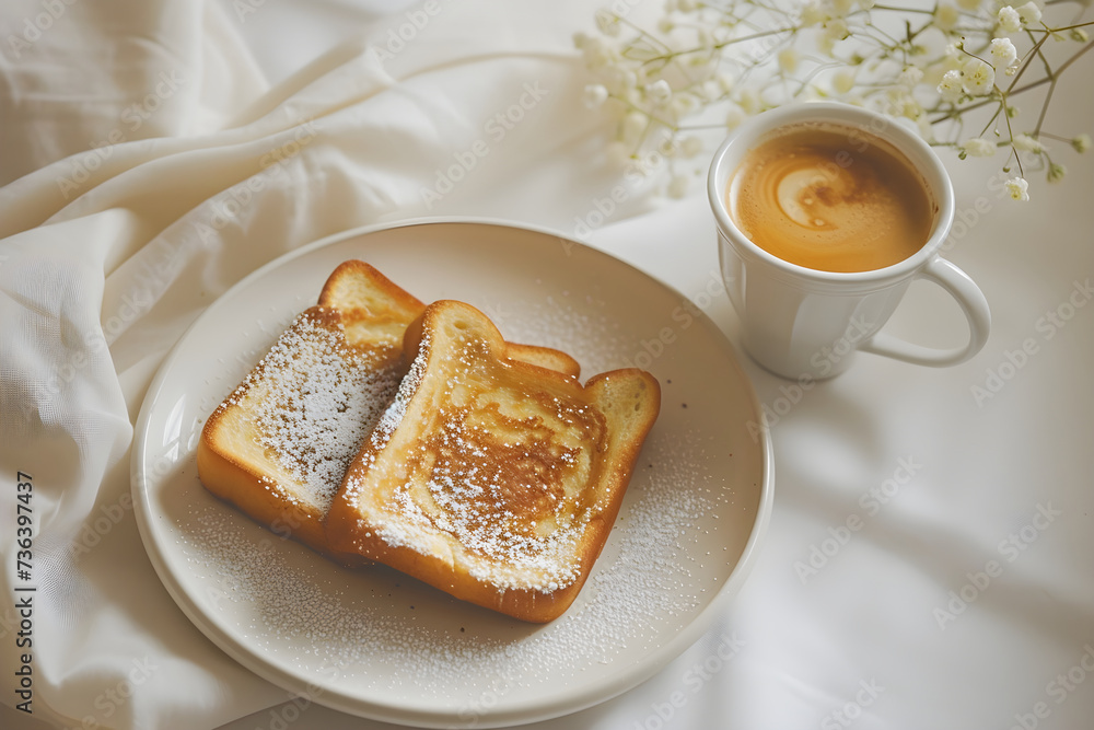 design for cafe ad, coffee and a french toast. restaurant or cafe menu. minimalistic. Pastry. white background. horizontal. fresh morning. copy space. design for cafe ad, coffee and a french toast. restaurant or cafe menu. minimalistic. Pastry. white background. horizontal. fresh morning. copy space.