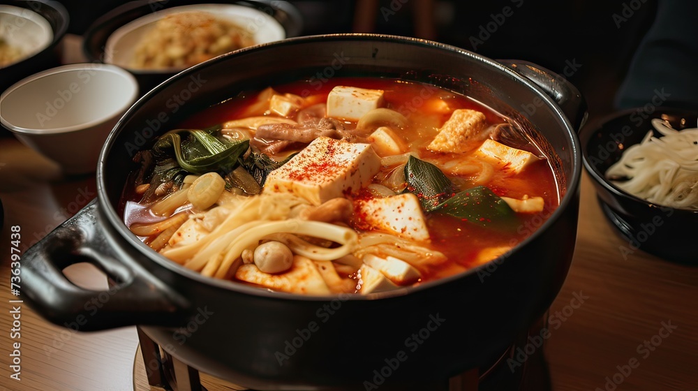 Sundubu jjigae: Korean spicy soft tofu stew with zucchini, scallions, shiitake, silken tofu.