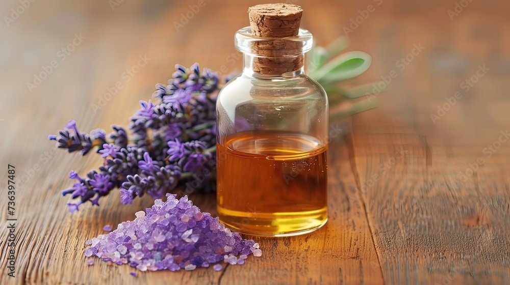 Lavender flowers with oil in bottle and salt on brown wooden table
Lavender flowers with oil in bottle and salt on brown wooden table