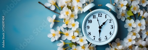 White alarm clock and blossom branches white yellow springtime flowers on blue background. Spring forward, Time Change, Daylight Saving Time Ends, Generative ai