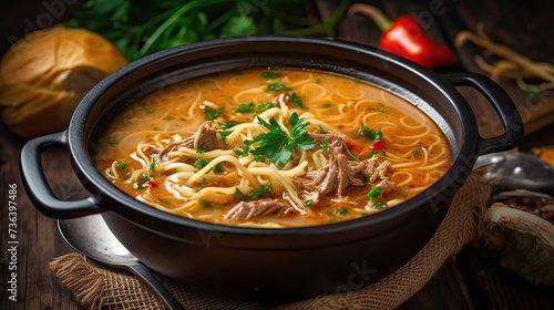 Soup with noodles and meat in a cast-iron pan