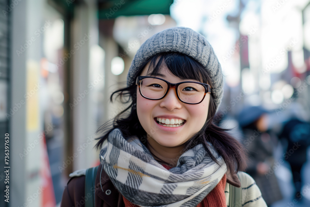 Portrait of beautiful young Japanese woman standing in the street, looking into the camera and smiling. Created with Generative AI technology