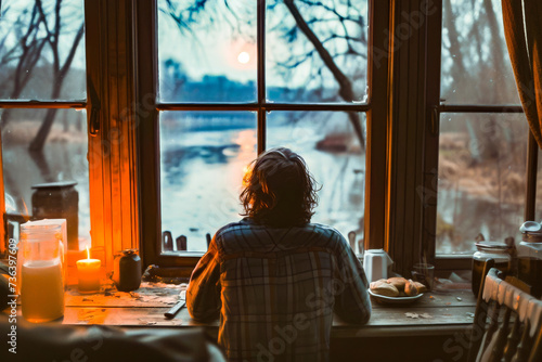 A person in a plaid shirt enjoying a silent, cozy morning by the window as the sunrise fills the room with a warm glow. Free Download A person in a plaid shirt enjoying a silent, cozy morning by the window as the sunrise fills the room with a warm glow. - GFXLoad