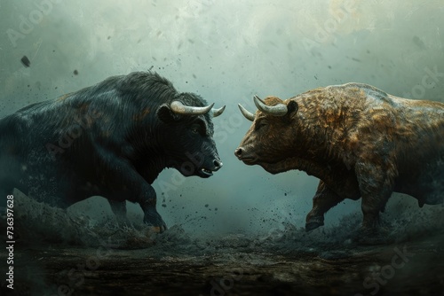 Two bulls engaged in a fierce fight in the middle of a field, An artistic representation of a bull and bear market, AI Generated