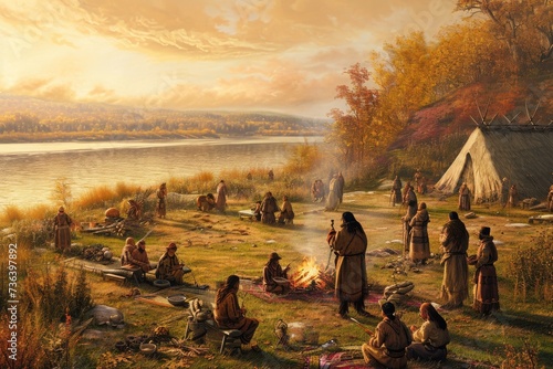 A painting depicting a gathering of individuals sitting around a campfire in the outdoors, An artistic representation of the first Thanksgiving, AI Generated © Iftikhar alam