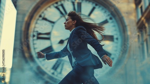 image symbolique d'une femme d'affaires qui court après le temps photo