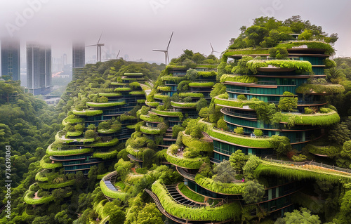 Modern eco-friendly skyscraper with lush greenery and wind turbines on a foggy day in the city.