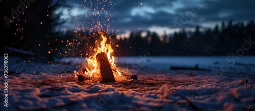 Winter forest campfire at night, sparking flames.