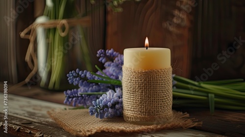 A candle wrapped in real jute material and a fresh sprig of muscari or lavender to add authenticity to the scene. Soft lighting adds depth while maintaining a realistic atmosphere