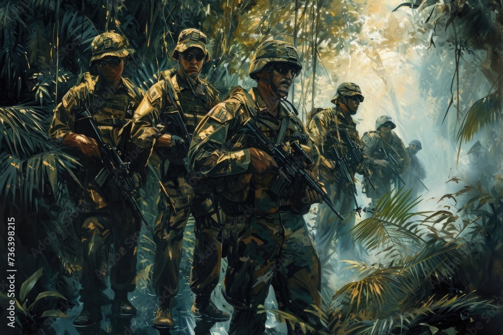 A painting depicting soldiers making their way through a dense jungle with rifles in hand, An artwork showcasing Green Berets Special Forces in jungle camouflage, AI Generated