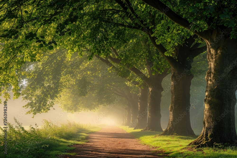 A foggy day envelopes a dirt road, winding through a dense forest of trees, An ash tree avenue twinkling in the soft morning light in a park, AI Generated