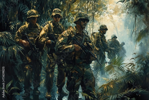 A painting depicting soldiers making their way through a dense jungle with rifles in hand  An artwork showcasing Green Berets Special Forces in jungle camouflage  AI Generated