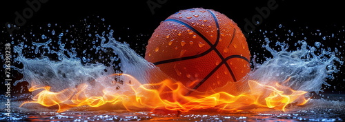 A basketball with a dynamic mix of splashing water and fiery flames on a court.