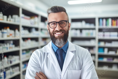 Male Caucasian pharmacist stands in medical robe smiling, Portrait of mature male pharmacist standing with arms crossed in drugstore ,AI generated