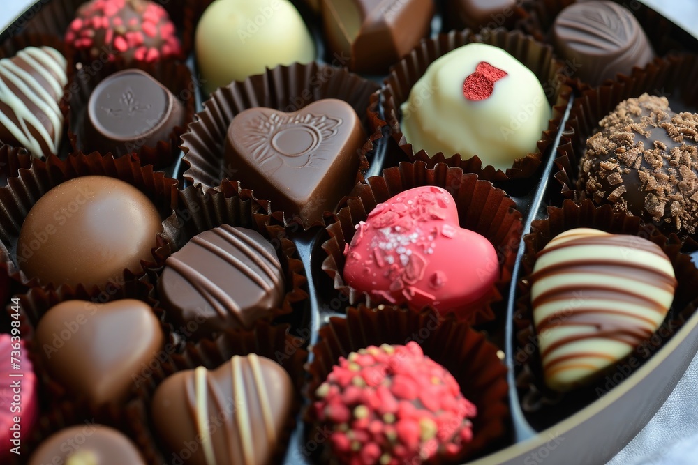 A tin filled with a variety of chocolates placed on a table, An assortment of Valentine's chocolates in a heart-shaped box, AI Generated A tin filled with a variety of chocolates placed on a table, An assortment of Valentine's chocolates in a heart-shaped box, AI Generated